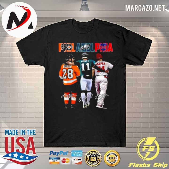 Philadelphia Sport Teams 28 Giroux 11 Wentz And 34 Harper Signatures Shirt