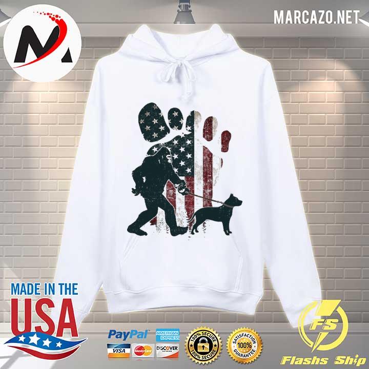 Bigfoot Walking Pitbull Silhouette American Usa Flag Dog Shirt Hoodie