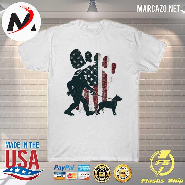 Bigfoot Walking Pitbull Silhouette American Usa Flag Dog Shirt