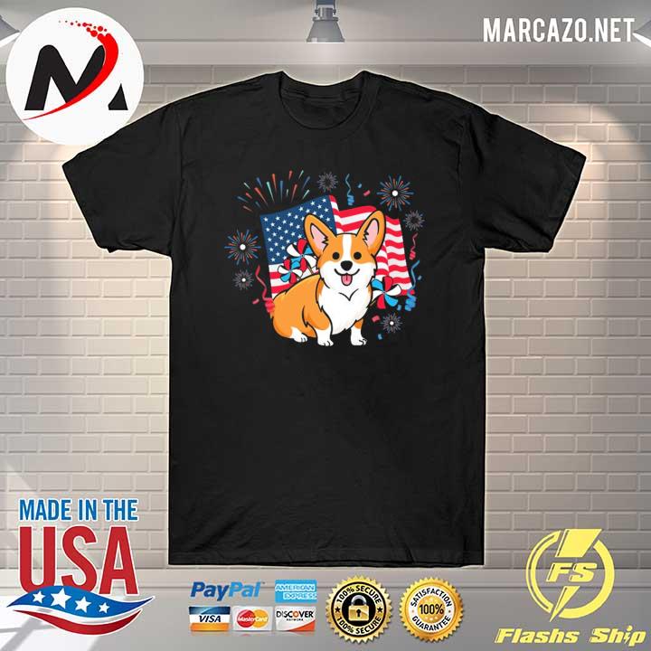 CorgI 4th of july American flag fireworks shirt