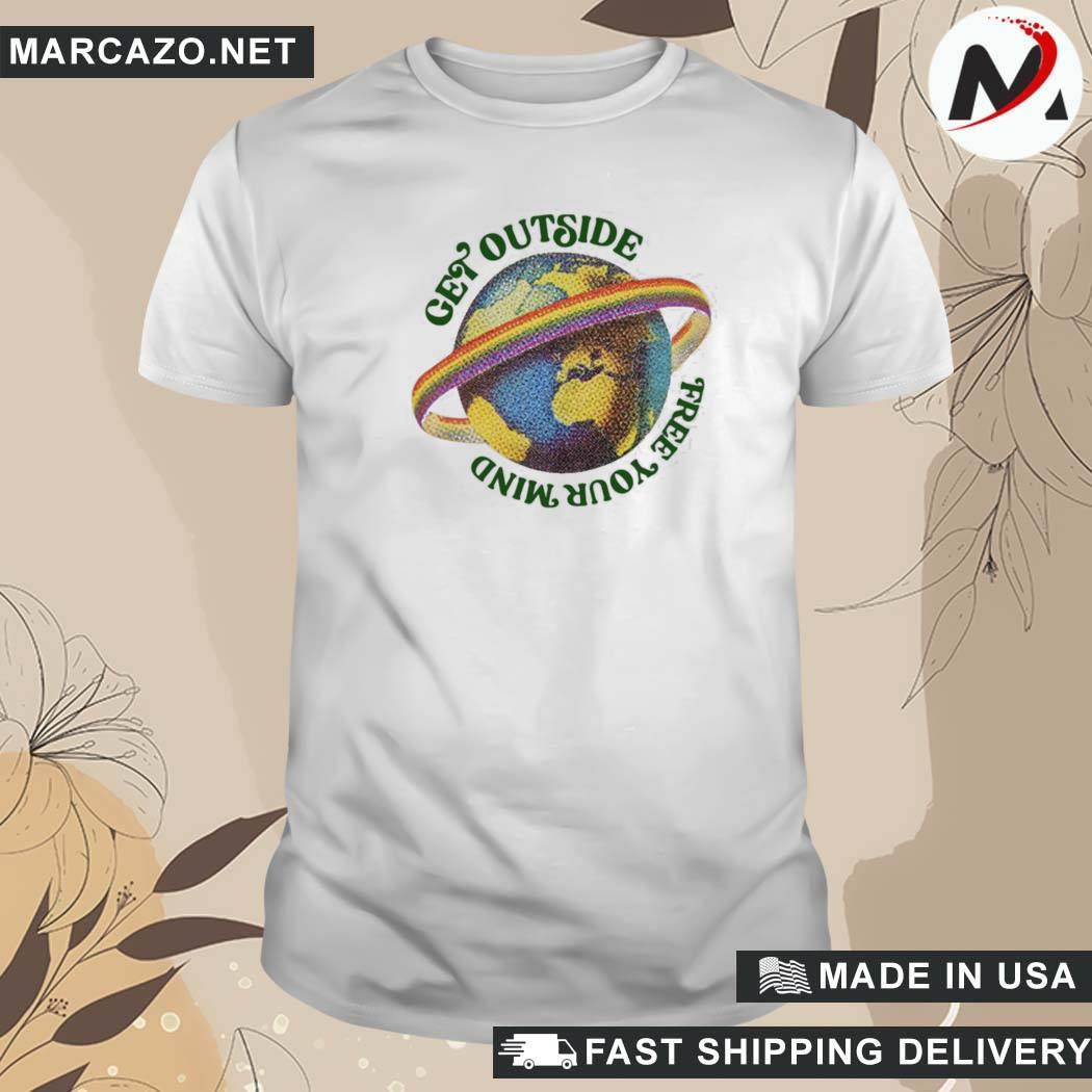 Official Mac Demarco Wearing Rainbow Encircled Earth Get Outside Free Your Mind T-Shirt