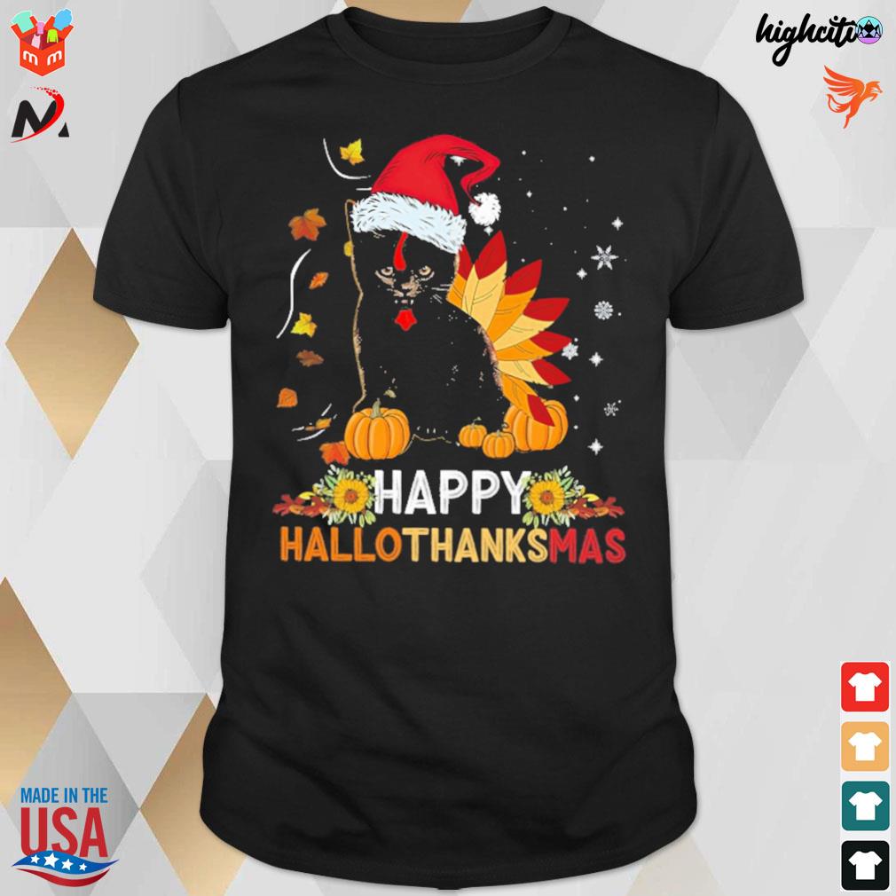 Black cat happy hallothanksmas christmas t-shirt