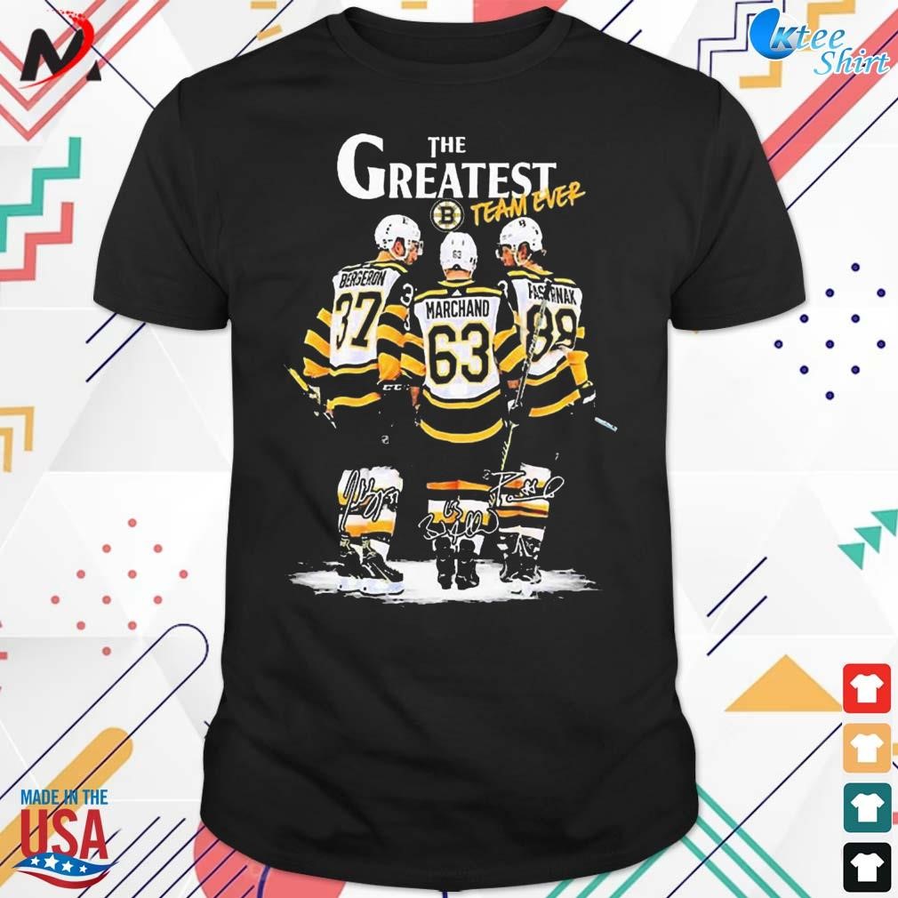 Boston Bruins the greatest team ever 2023 Bergeron Marchand and Pastrnak signatures t-shirt