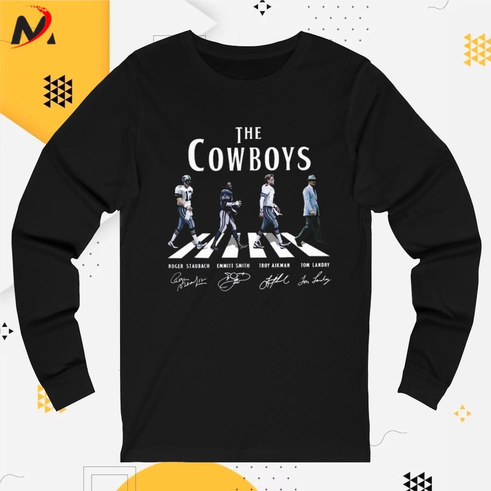 Awesome The Dallas Cowboys Roger Staubach Emmitt Smith Troy Aikman Tom  Landry signatures photo design t-shirt, hoodie, sweater, long sleeve and  tank top