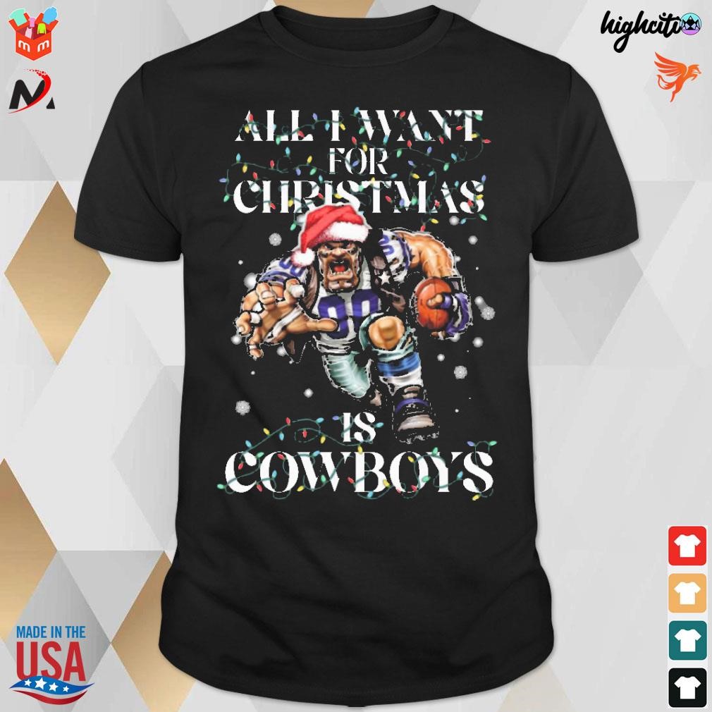 Official All I Want For Christmas Is Dallas Cowboys Santa Lights Mascot T-shirt