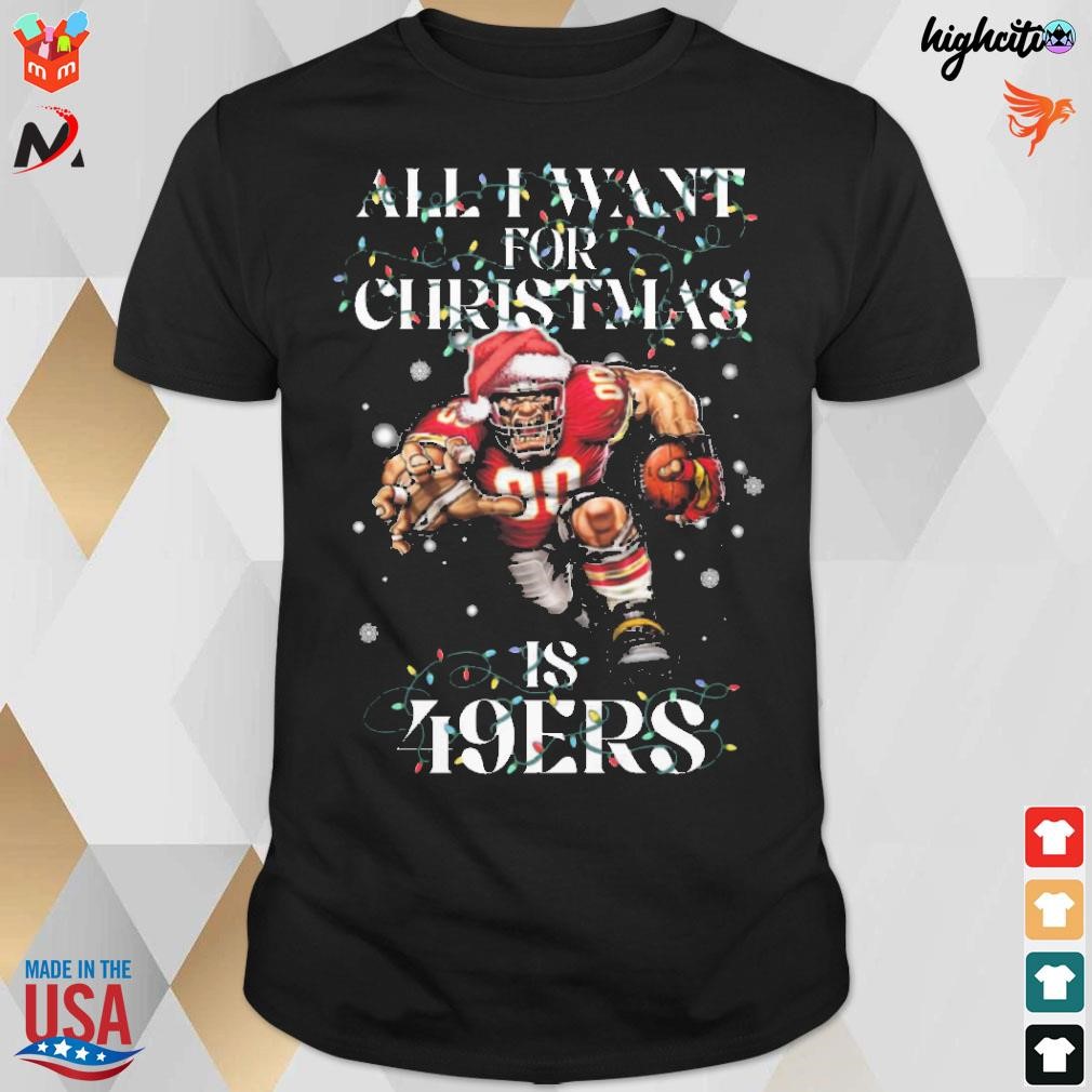 Official All I Want For Christmas Is San Francisco 49ers Santa Lights Mascot T-shirt