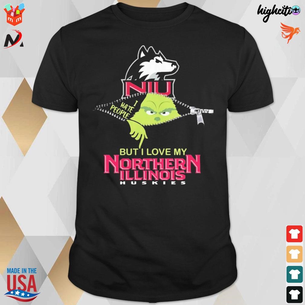 Official Grinch Zipper I Hate People But I Love My Northern Illinois Huskies Christmas 2023 T-shirt