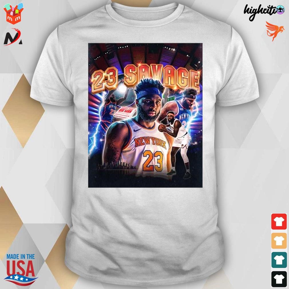 Official New York Knicks Mitchell Robinson number 23 Savage photo t-shirt
